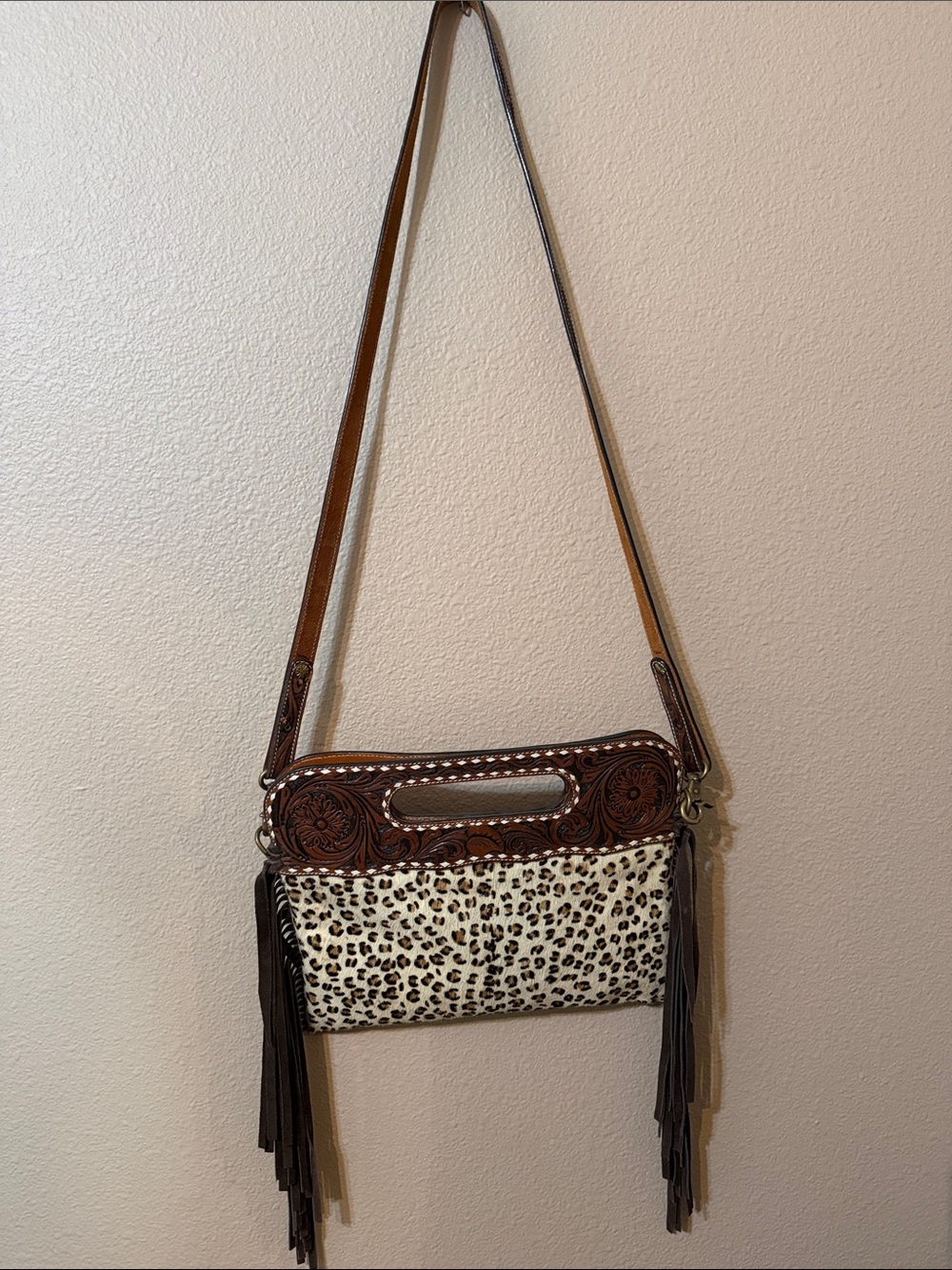 Rafter T Leopard Print Leather Fringe Crossbody Bag - Brown
